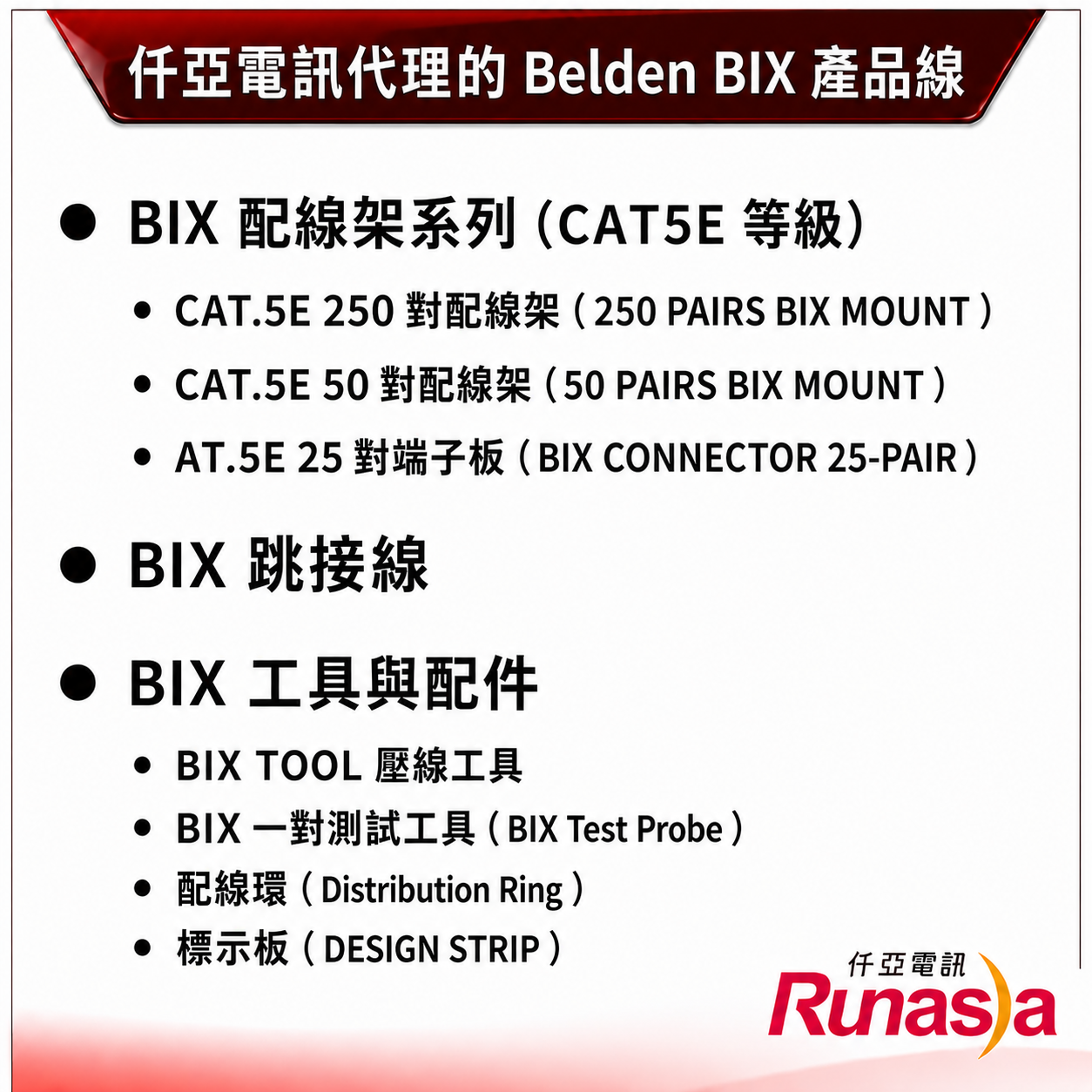 仟亞電訊的 Belden 代理以 BIX 端子板組系列為主(配線架、端子板、工具與配件)。CAT6A 銅纜與光纖線纜方面,仟亞代理 CommScope NETCONNECT 與 Draka 完整產品線。