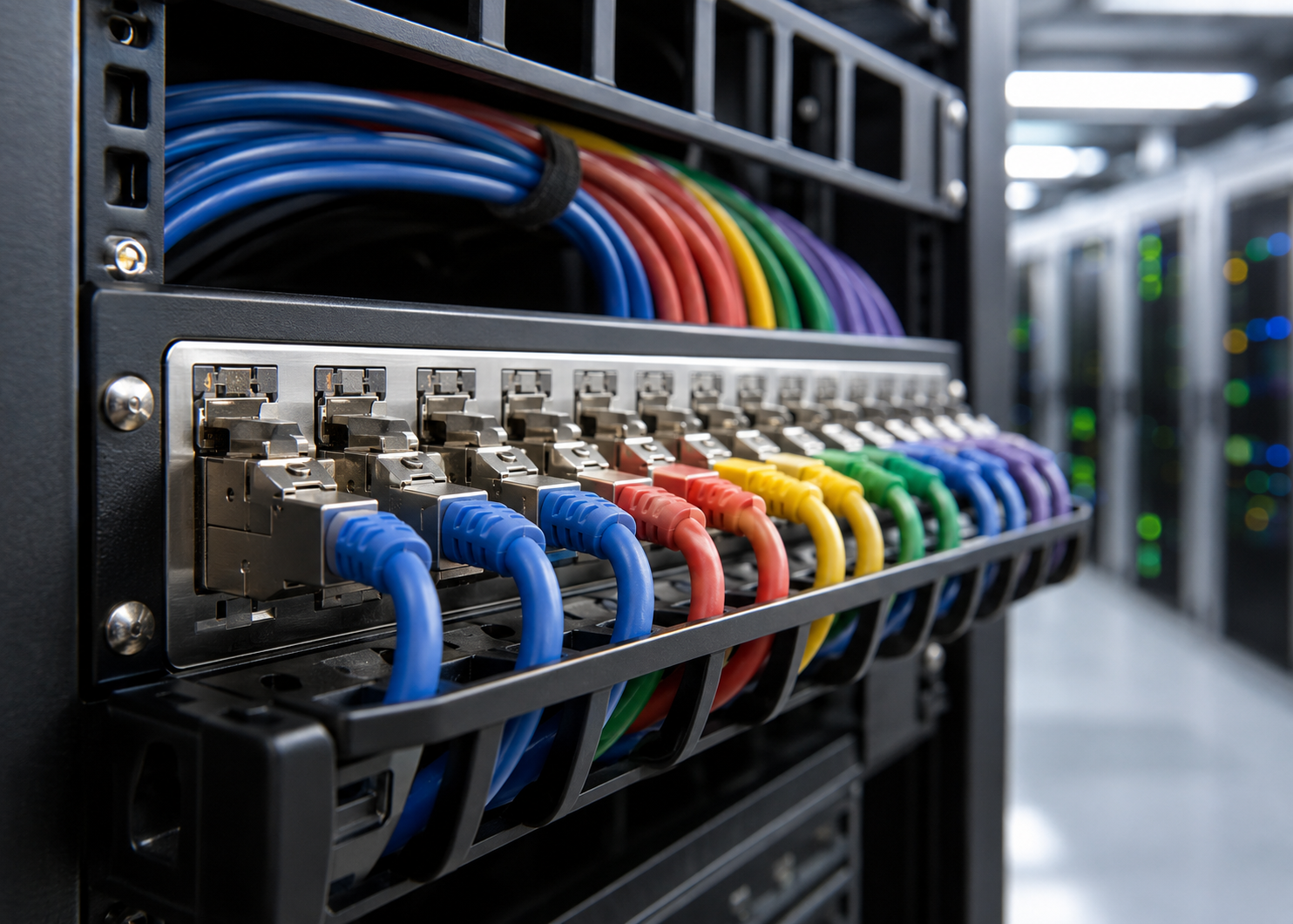仟亞電訊CAT6A三品牌比較封面，機房屏蔽配線架與多色CAT6A網路線整齊接入模組場景