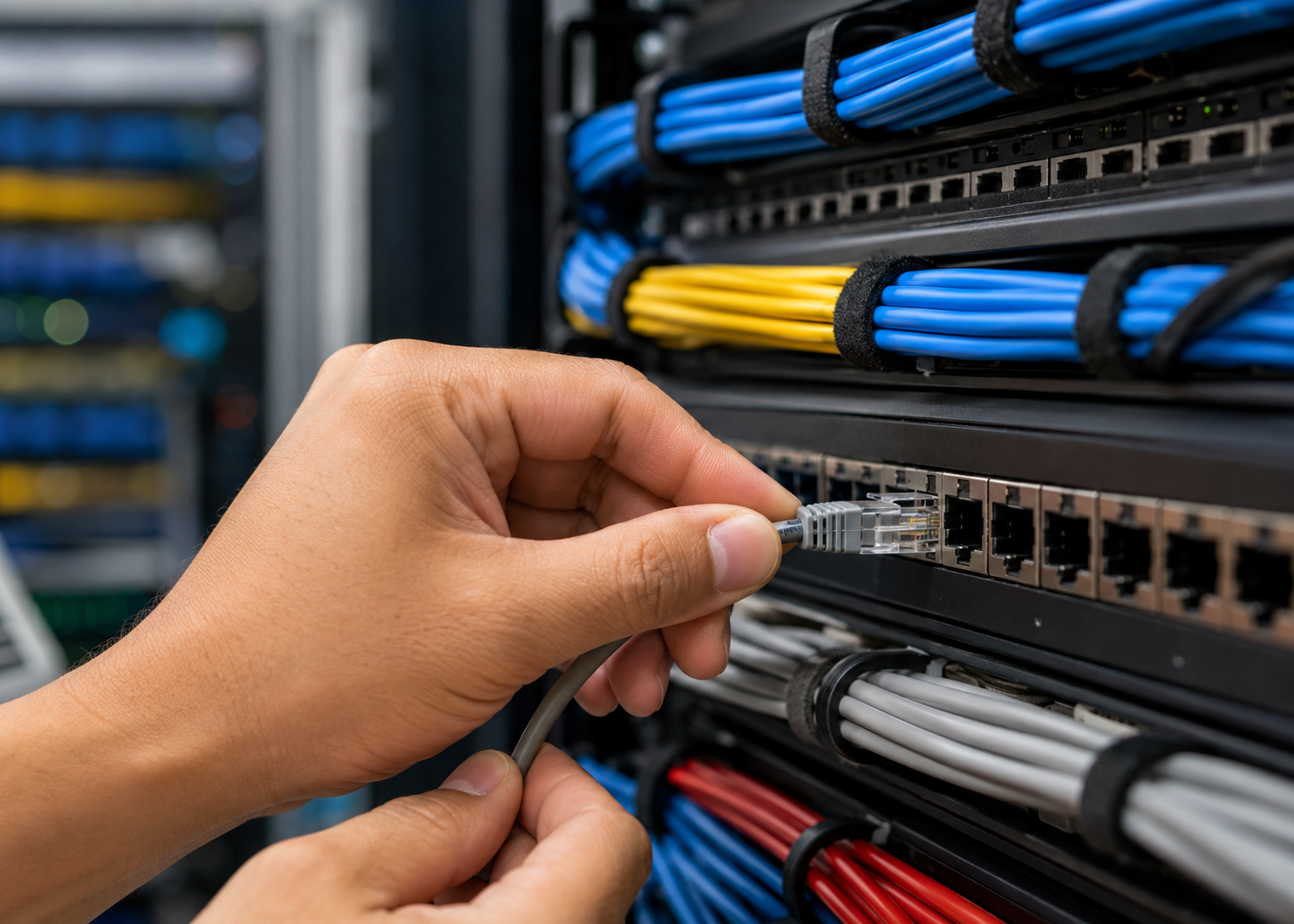 仟亞電訊CAT6A施工與測試指南封面，亞洲工程師手部將RJ45測試跳線插入配線架埠位