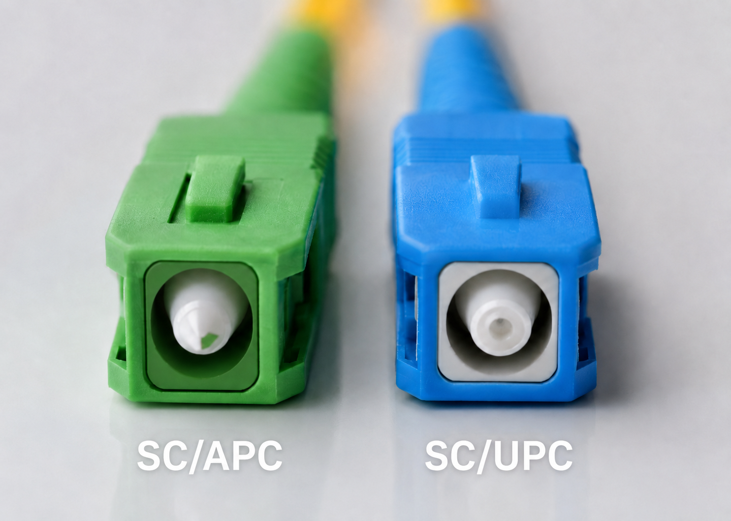 SC/APC綠色斜角研磨接頭與SC/UPC藍色平面研磨接頭端面對照，兩者不可混插